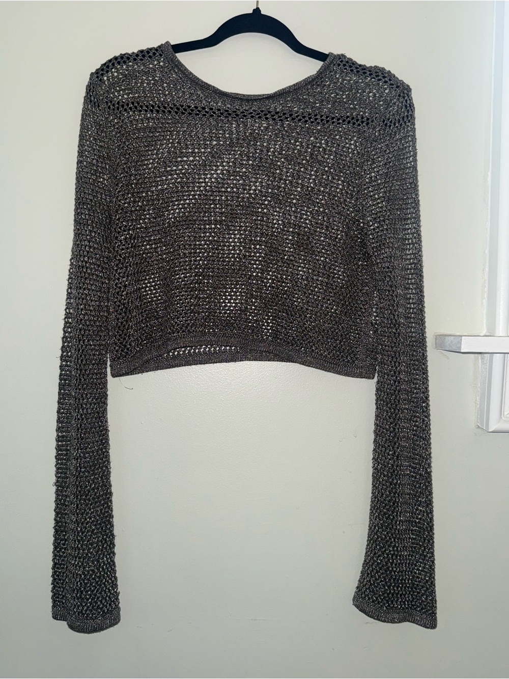 Zara Metallic Open-Knit Crop Crewneck Sweater - Charcoal